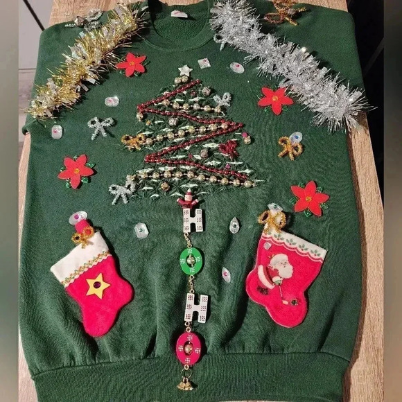 1 of a kind Custom Handmade Ugly Christmas Sweater Tinsel Bells Bows Women's XL - Picture 6 of 10